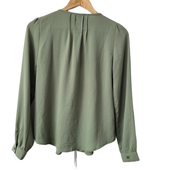 COTTON Sage Long Sleeve Lace Tie-up Pleated Blouse Sage Green Size S oversized - Picture 4 of 9